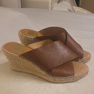 Kanna Brown Leather Spadrille Wedge Slide Sandals 37 EU